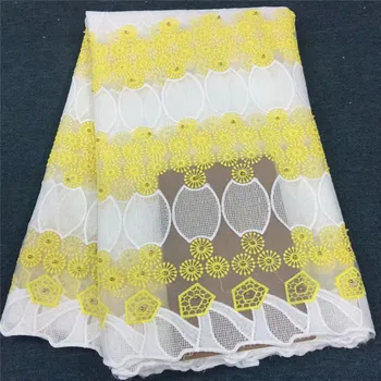 

High Quality Yellow Nigerian Mesh Lace Fabrics 2018 African French Guipure Lace Fabric With Beads Embroidered Lace Dress pl74-27
