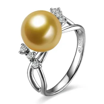 

9-10mm Natural South Sea Gold Pearl Ring GVBORI 18K Gold Diamond Pearl Ring For Women Wedding/Party/Engagement/Women's Day Gift