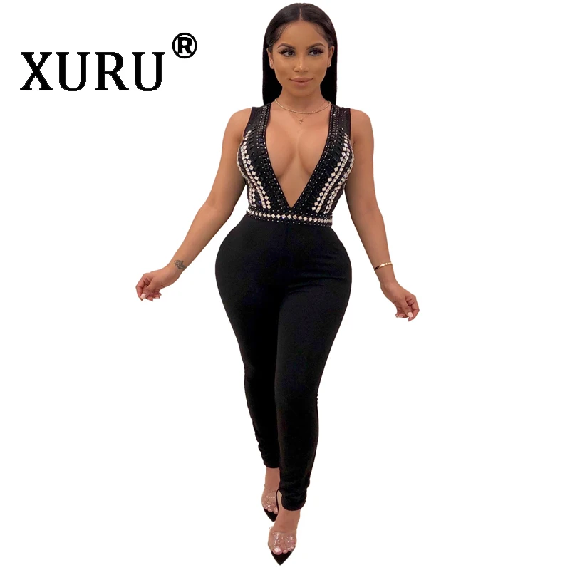 

XURU sexy V-neck black and white hot drilling jumpsuit black sleeveless tight-fitting jumpsuit casual fashion jumpsuit