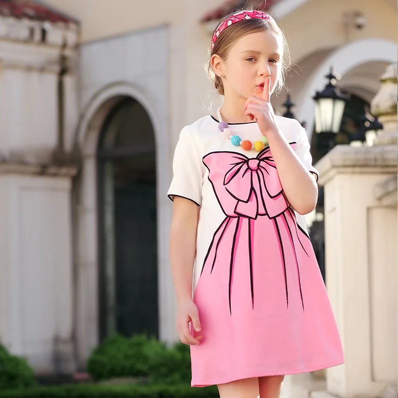 Beenira/платье с короткими рукавами для девочек От 4 до 14 лет в европейском и американском стиле новинка года, летнее стильное детское розовое праздничное платье большой бант с принтом
