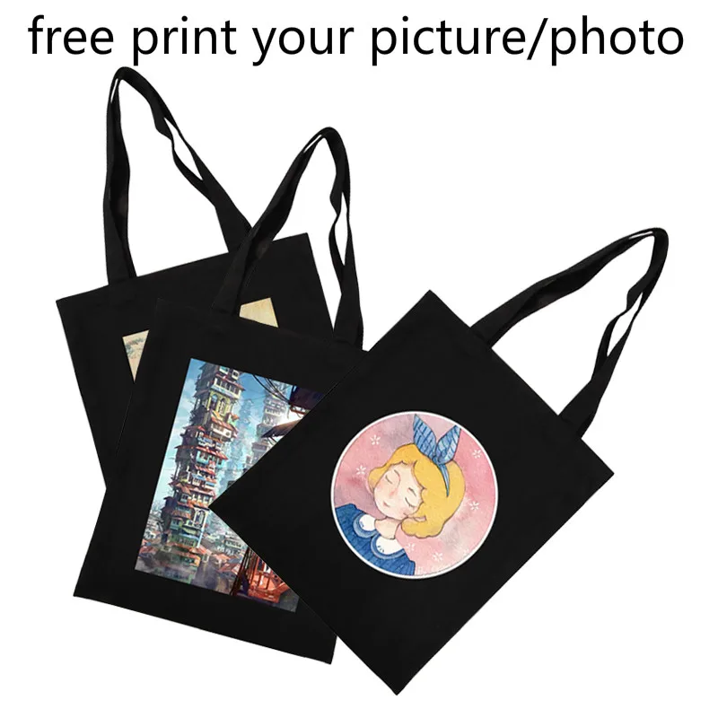 

Black canvas shoulder bag picture custom diy logo photo print eco-friendly zipper handbag custom-made advertising gift tote bags