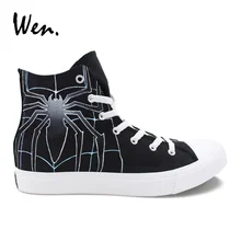 Вэнь обувь черная парусиновая ручная роспись паук парусиновая обувь мужские кроссовки Женская плоская подошва плимсоллы обертывание ноги крест ремни