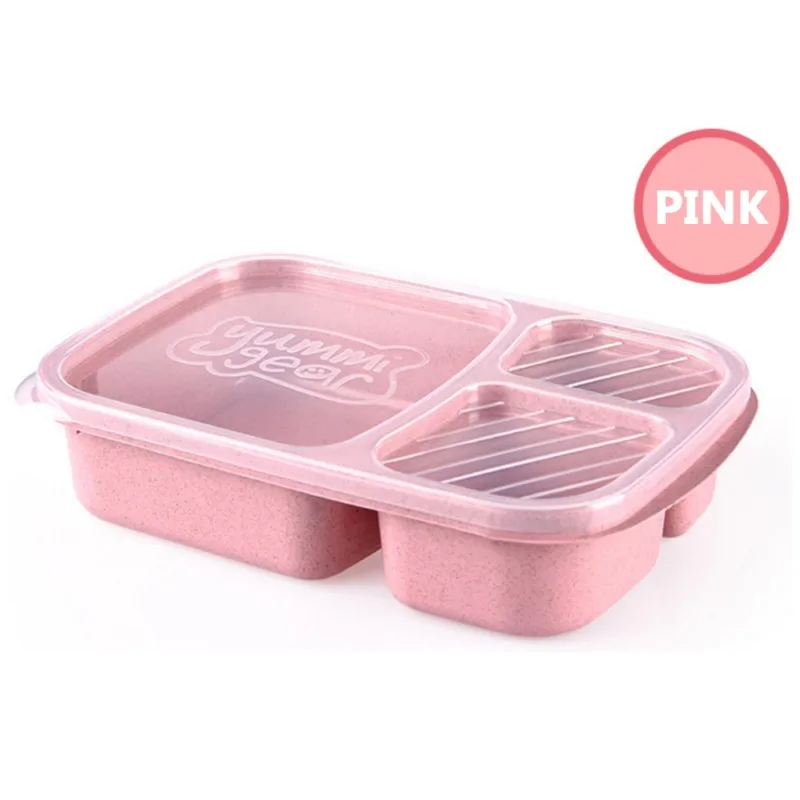 1 шт. пшеничная соломенная Ланчбокс 3 сетки с крышкой коробка для фруктов контейнер для хранения биоразлагаемые бэнто Ланч-боксы для детей столовая посуда - Цвет: Розовый