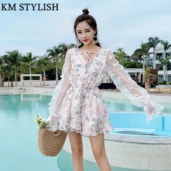 

2019 Spring Summer New Women Adjustable Belt V-neck Splicing Mesh Appliques Floral Chiffon Playsuits Lady Resort Short Jumpsuit