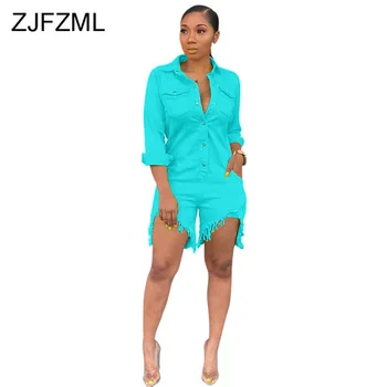 

Plus Size Casual Denim Overall For Women Long Sleeve Turn Down Collar Bodycon Jumpsuit Streetwear Single-Breasted Short Playsuit