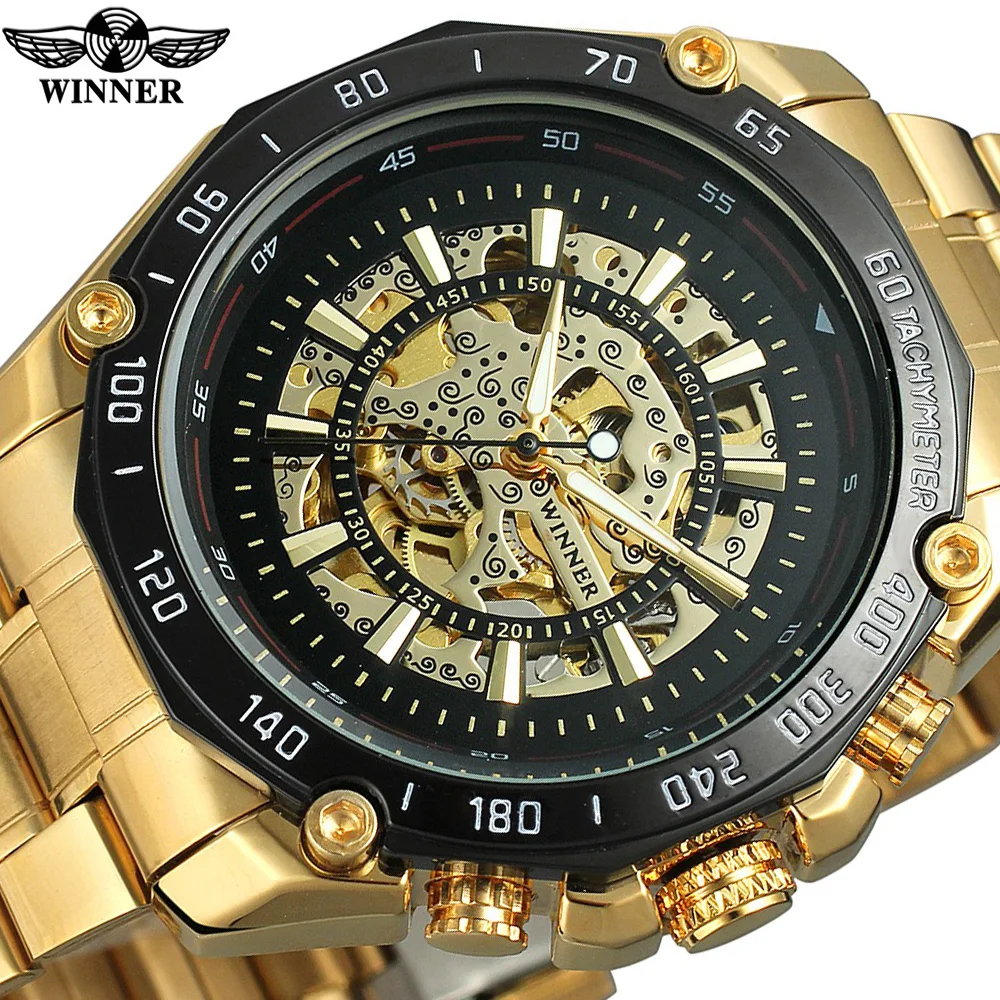 

WINNER Black Gold Design Bezel Automatic Watches Top Brand Luxury Clock Men Military Skeleton Mechanical Watch Relogio Masculino