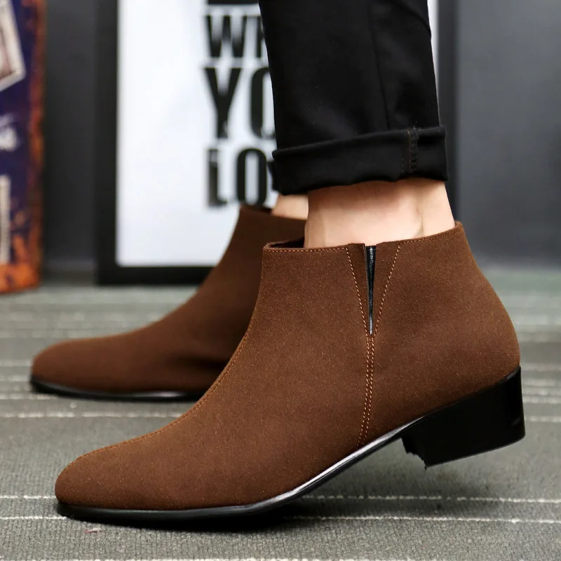 

Spring Autumn Solid Pointed Toe Chelsea Boots Men Zip Low Casual Martin Boots Fashion Ankle Retro Flock Motorcycle Shoes