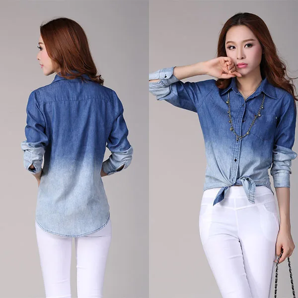 Women's Denim Button Down Shirt Long Sleeve Gradient Color Jeans Blouse