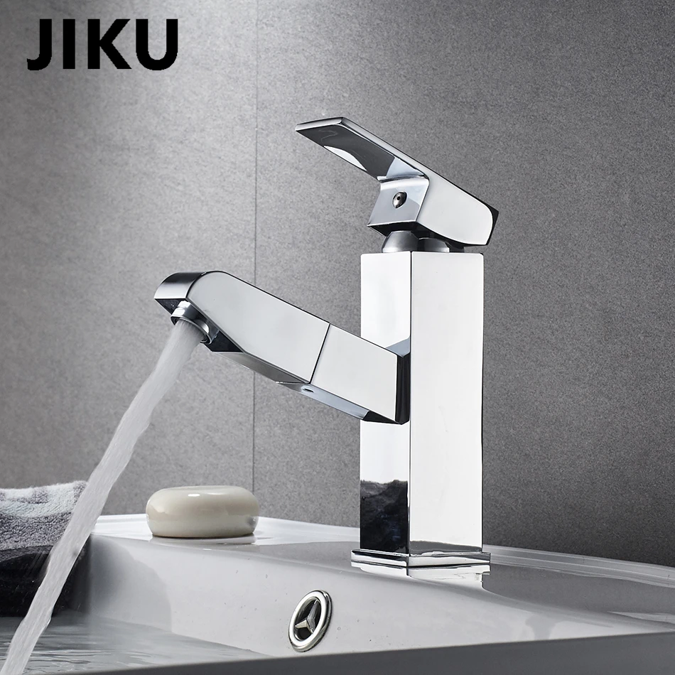 

JIKU Pull Out Faucets Bathroom Basin Sink Mixer Tap Chrome Bathroom Taps Handle Faucet Water Mixers Basin Faucets