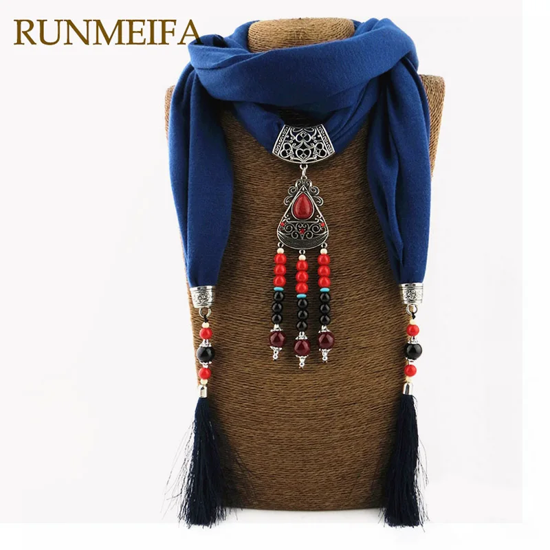 

RUNMEIFA New Polyester Ceramic Beads Jewelry Necklace National Wind Scarf With Alloy Flower Pendant Tassel Scarf