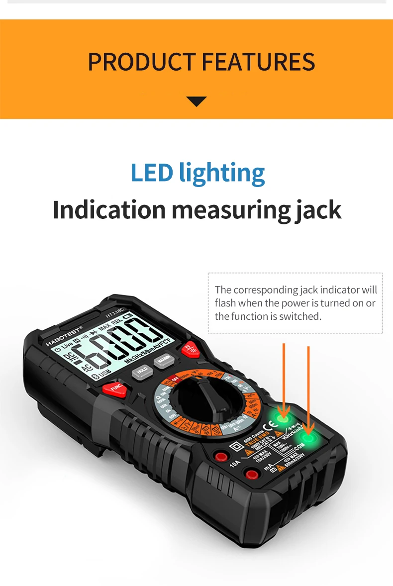 HABOTEST HT118A / C / D Цифровой мультиметр Автоматический диапазон NCV True RMS AC / DC 6000 отсчетов Двухцветный экран Индикатор напряже