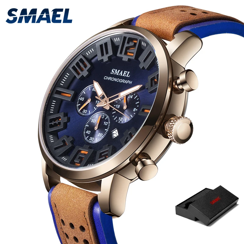 SMAEL мужские часы Топ люксовый бренд водонепроницаемые спортивные наручные часы с хронографом кварцевые военные из натуральной кожи Relogio Masculino