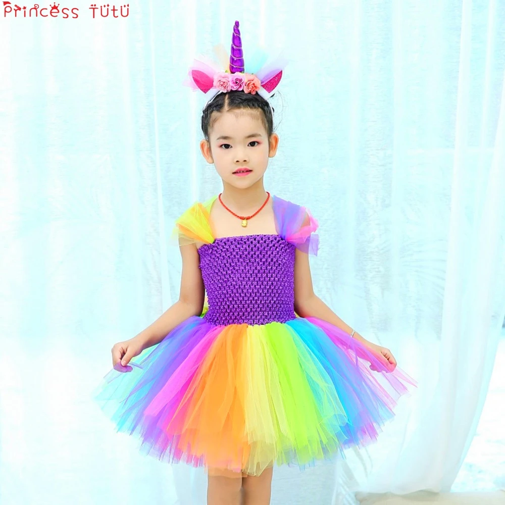 

Unicorn Birthday Party Dress Purple Rainbow Color Girl Tutu Dress Halloween Autumn Dress Baby Girl Christmas Dress With Headwear