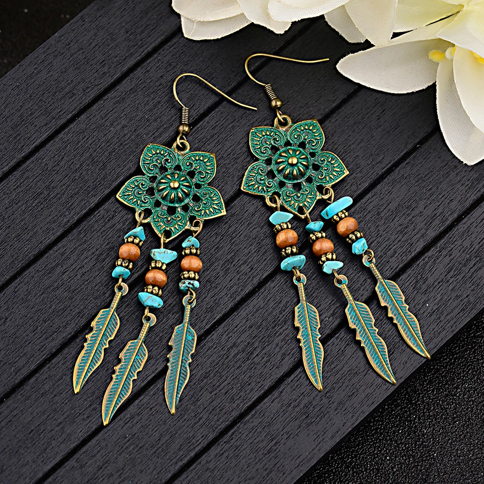 

Antique Green Flower Boho India Ethnic Dangle Drop Earrings for Women Female 2018 Wedding Engagement Earrings Jewelry Accessory