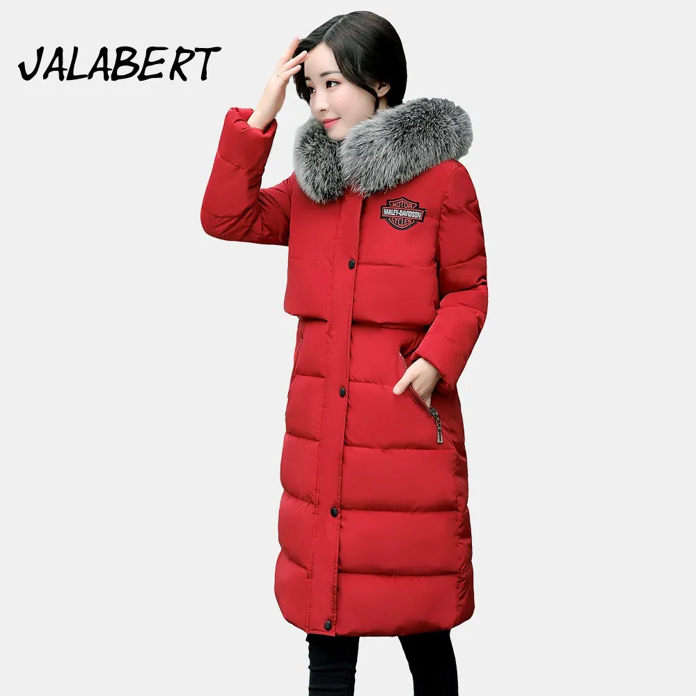 

2017 winter new cotton coat women long Slim thick Big Fur collar hooded jacket Female fashion embroidery warm badge Parkas