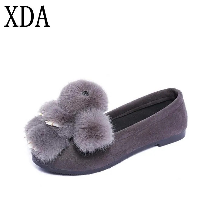 

XDA 2018 New fashion spring autumn Maomao flat Shoes Cute Female Rabbit Cashmere Warm Cotton shoes single shoes