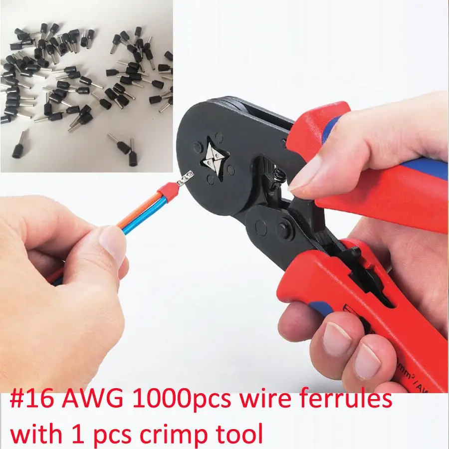 

HSC8-6-4A 0.25-6mm2 Terminal Crimping Tool Bootlace Ferrule Crimper and 1K #16 Black E1508 PVC Insulated Bootlace Wire Ferrules