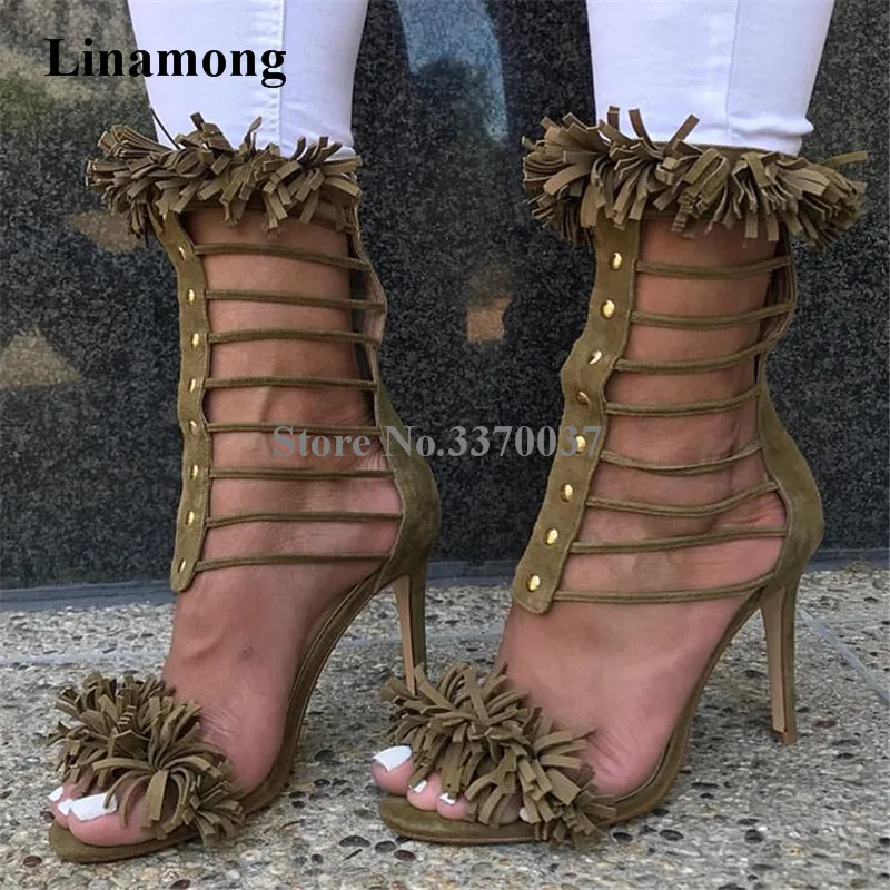 New Fashion Women Suede Leather Tassels Embellished Gladiator Sandals