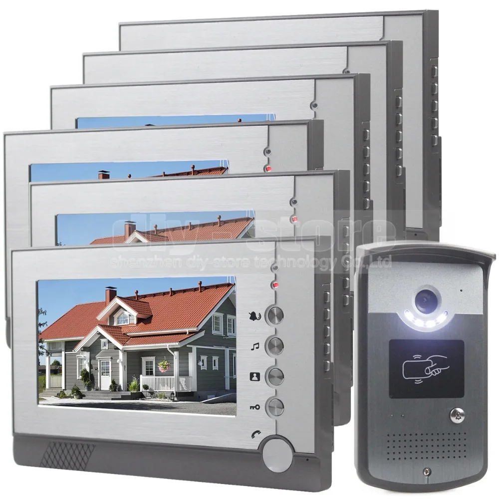 DIYSECUR 7inch Video Door Phone LED Night Vision RFID Unlocking Home Security Intercom System 1-Camera 6-Monitor