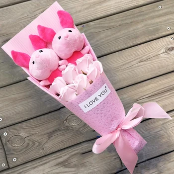 

BOLAFYNIA pig Plush Toys Soft Stuffed Toy soap flower Animal Dolls Plush bouquet For Valentine's Day Christmas Gifts