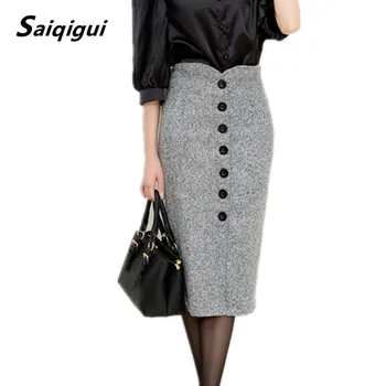 

Saiqigui Autumn and Winter Women High Waist Knee Length Pencil Skirt Female Woolen Single Breasted Midi Skirts S-XXL