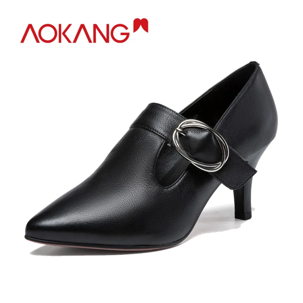 

Aokang 2018 autumn Stiletto heel women shoes genuiine leather shoes woman black Platform Pumps slipon high heels pointed toe
