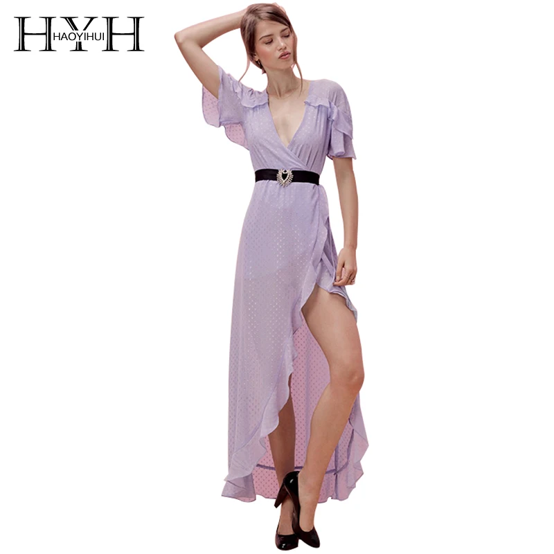 

HYH HAOYIHUI Europe The United States Summer Sexy Dress Deep V Neck Lace Up High Fork Frill Wrap Chiffon Flow 2018 Woman Dress