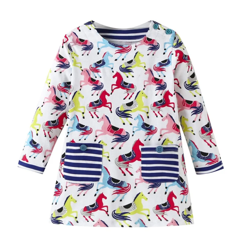 

Baby Kids Girl Dresses Summer Toddler Girls Dress Baby Cotton Long Sleeve Print Cartoon Pony Flower Princess Dress