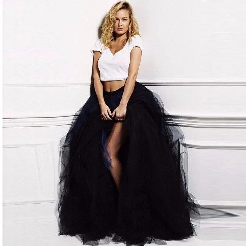 High Slit Tulle Skirt Hot Sale Fashion Ball Gown Black Tulle Maxi Long Skirts Lush Draped Costume Women Prom Party Skirt Custom47