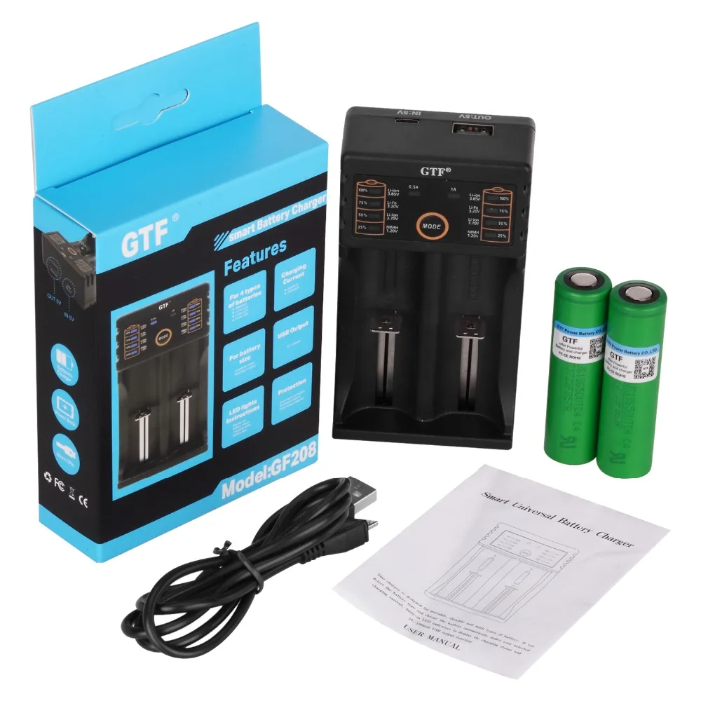 

GTF 2PCS 100% Original 3.6V 18650 US18650VTC4 2100mAh VTC4 Rechargeable battery For E-cigarettes + GF208 Smart Battery Charger