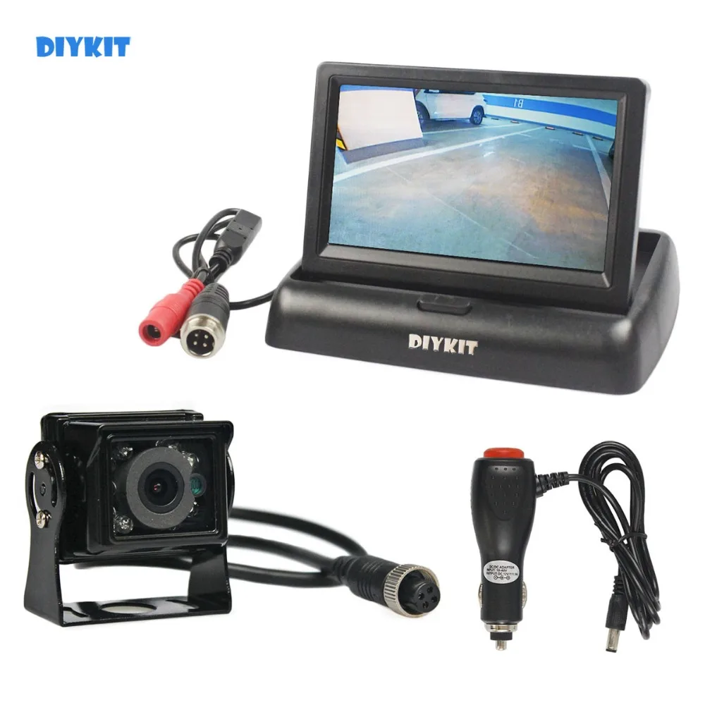 

DIYKIT DC12V-24V 4PIN 4.3inch Reverse Rear View Car Monitor Backup CCD IR Night Vision Bus Truck Car Camera free Car Charger