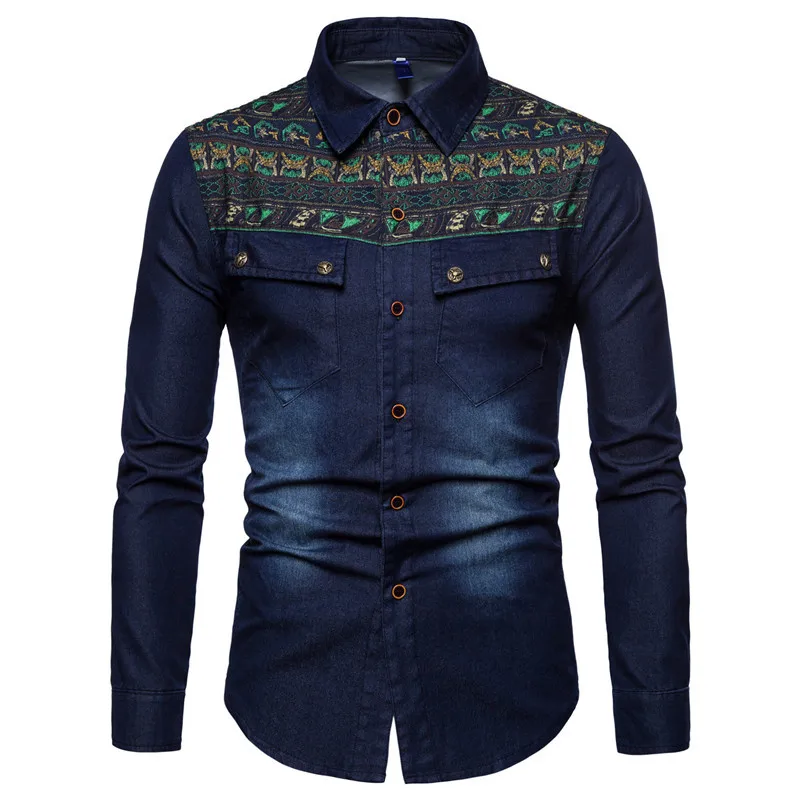 Мужская джинсовая тонкая рубашка с длинными рукавами из мягкого хлопка с двумя карманами, весенне-осеннее пальто, тонкие немного эластичные ковбойские модные Молодежные рубашки - Цвет: Синий