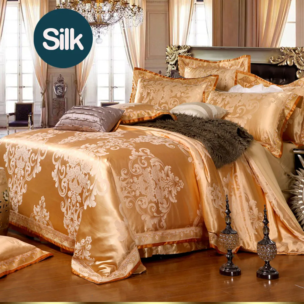 Gold Satin Silk Embroidery Jacquard Bedding Set comforter duvet cover