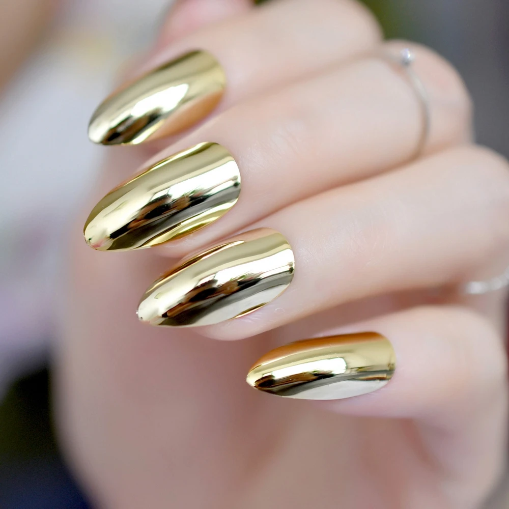 Великолепные накладные ногти-стилеты цвета розового золота с миндалем, блестящие накладные ногти с острым носком, накладные ногти, полное покрытие, для повседневной носки в офисе - Цвет: mirror gold