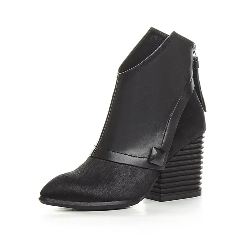 Женские ковбойские ботинки из натуральной кожи с конским волосом; ботинки с острым носком на толстом каблуке; bota feminina; ботильоны в стиле ретро; botas mujer - Цвет: Black