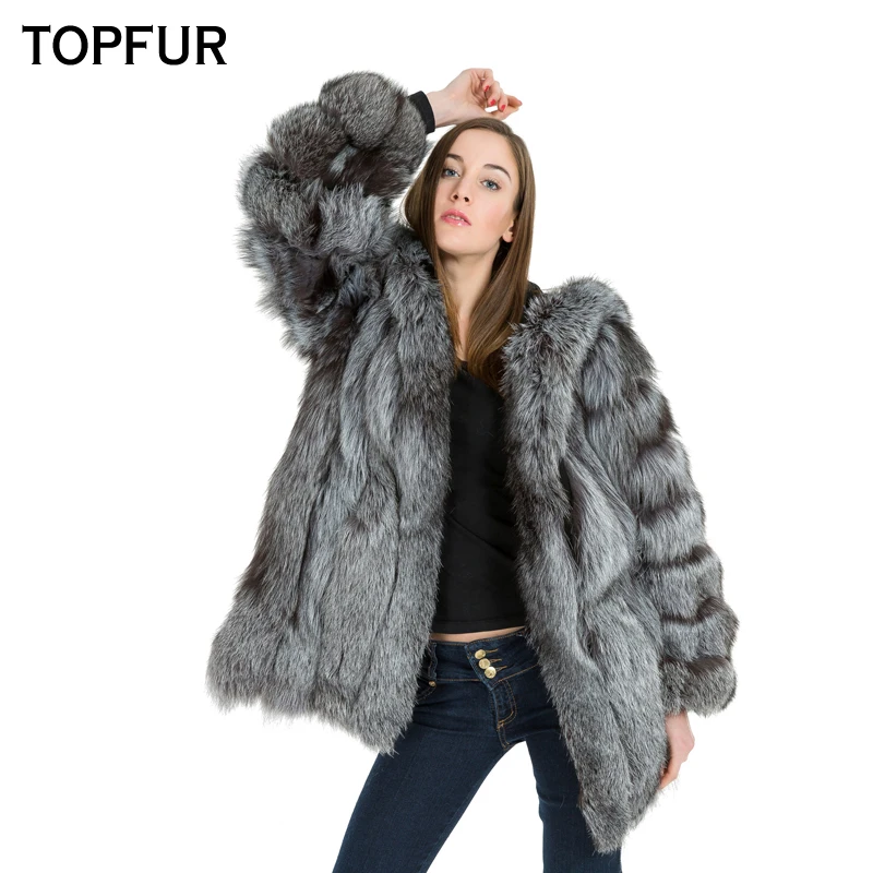 Женское пальто с капюшоном TOPFUR черное из натурального Меха чернобурки верхняя