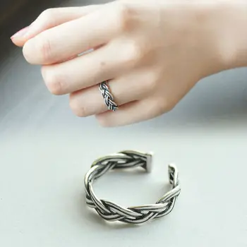 

925 Sterling Silver Ring Fashion Retro Simple Weave twist Ring Thai Silver braid shaped Open Ring For Women Jewelry