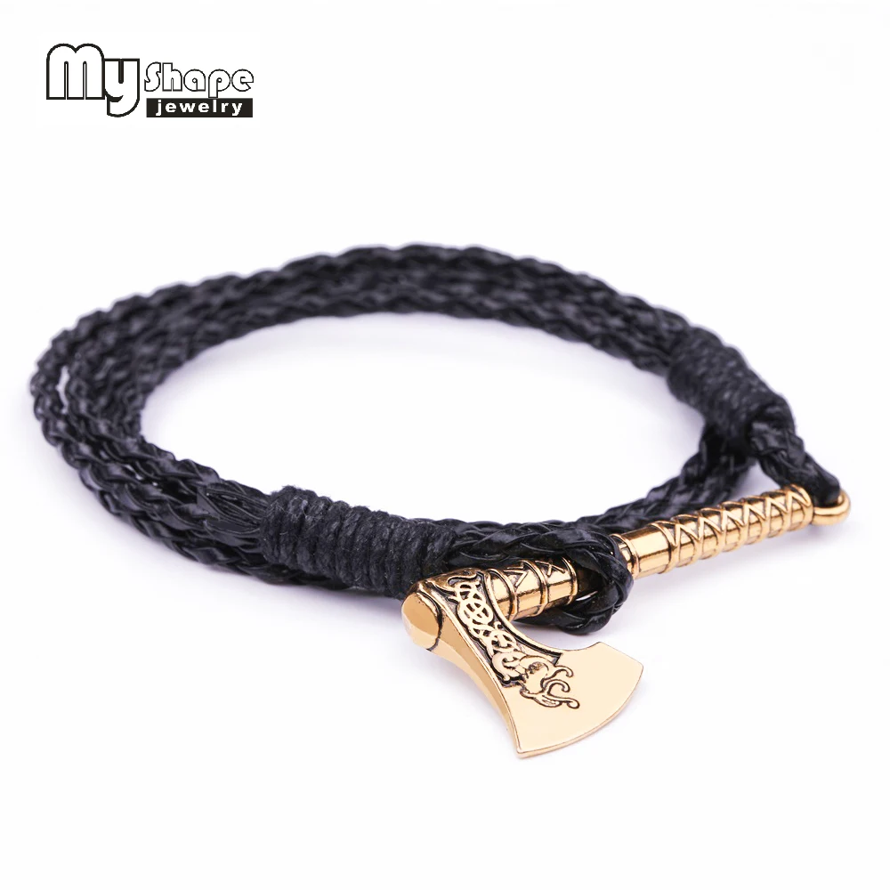 

my shape 2018 New Dropshipping Viking Mammen Odin Symbol Rune Horror Peru Axe Amulet Talisman Mens Leather Bracelets Silver Gold