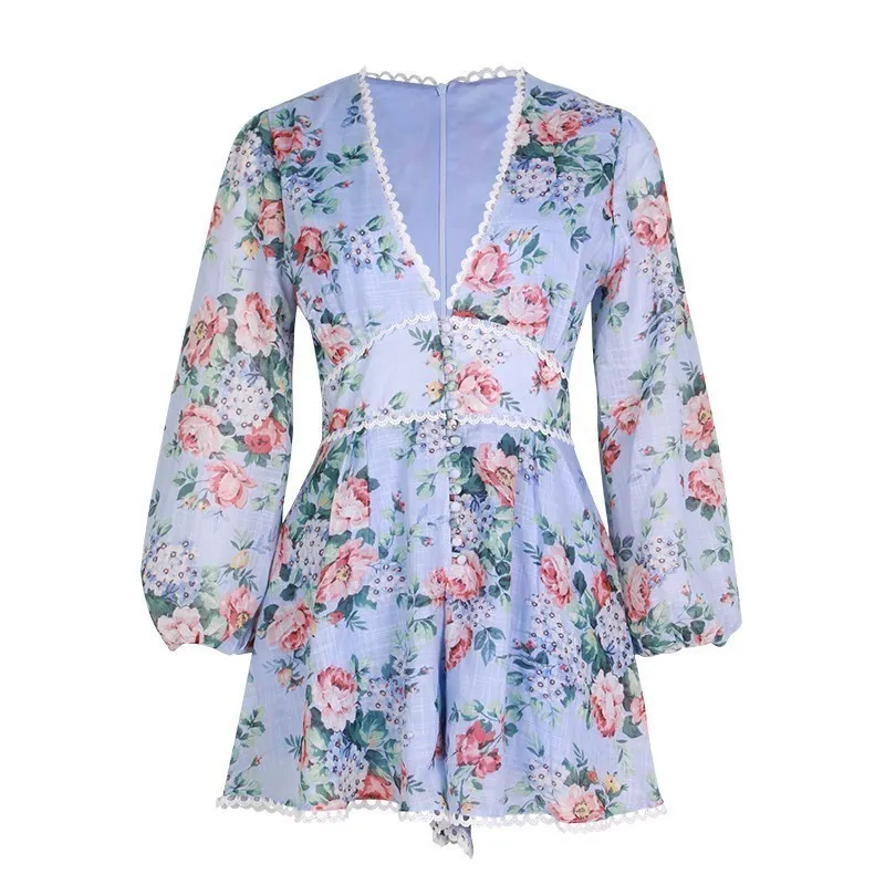 

2019 Summer Women Fresh Sweet V-neck Printed Lace Slim Long-sleeved Waist Hollow Casual Jumpsuit Party Beach Clothes