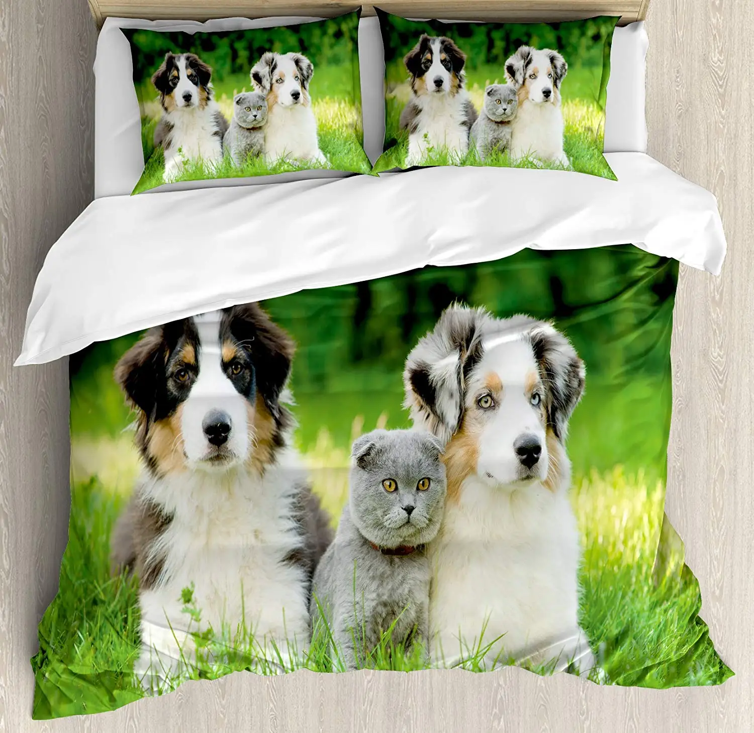 

Dog Duvet Cover Set Queen Size Cute Pet Puppy Family in The Garden Australian Shepherds and A Cat Scenery Bedding Set Cream Grey