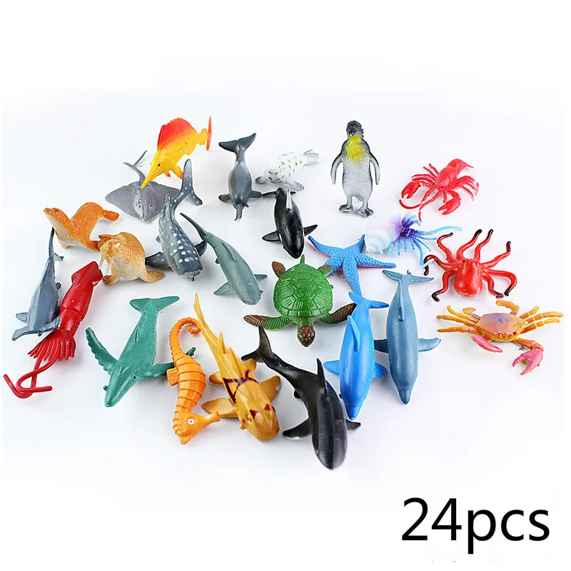 

New Simulation Marine Animal Model Toy Penguin Great White Shark Turtle Whale Model Decoration Toys for Children A Set of 24 Pcs