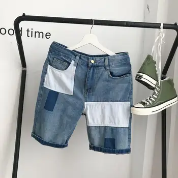 

Men's Jeans 2019 Summer Shorts Loose Straight Pants Washed Blue Patchwork Classic Pockets Trousers Casual Modis Denim Jeans Men