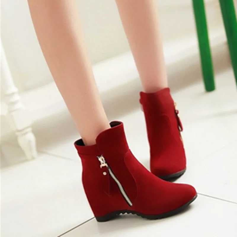 

Lady's Zipper Martin boots Big size 11 12 Flock Leather Add Fur Winter Height Increasing Wedges Heels Booties Girl Botas Pumps