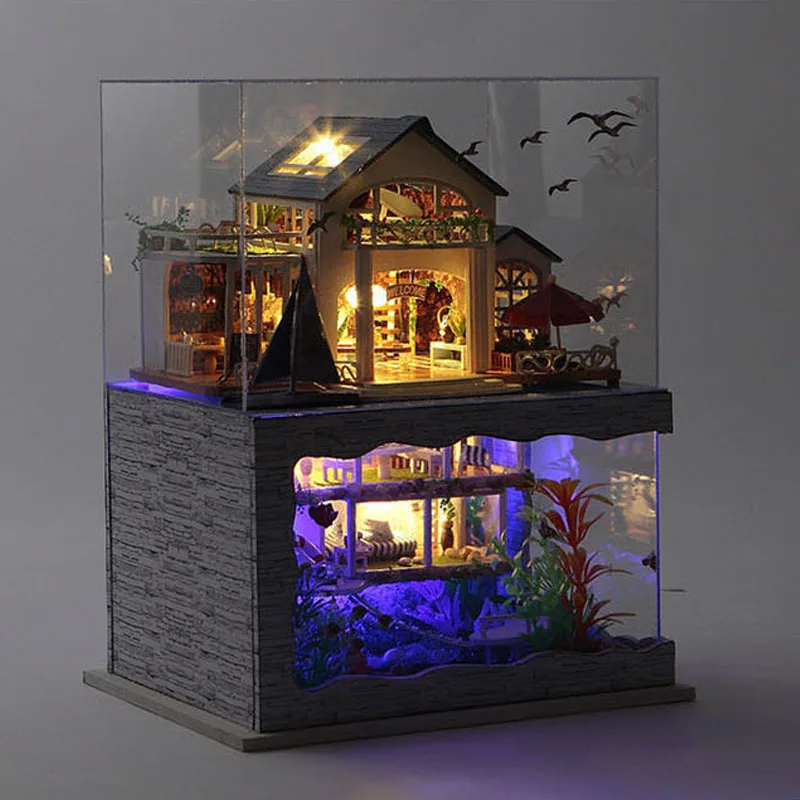 

DIY Doll House Miniature DollHouse Casa Model Wooden Double Decker Villa Kits With Furniture LED Light Toys For Children TC4 #E