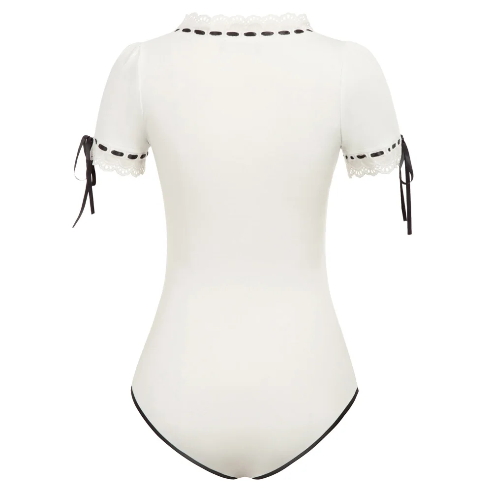 Women sweet vintage jumpsuit Short Sleeve Crew Neck Buttons Snap-Button Crotch shinny hollow lace-up sexy Bodysuit rompers lady