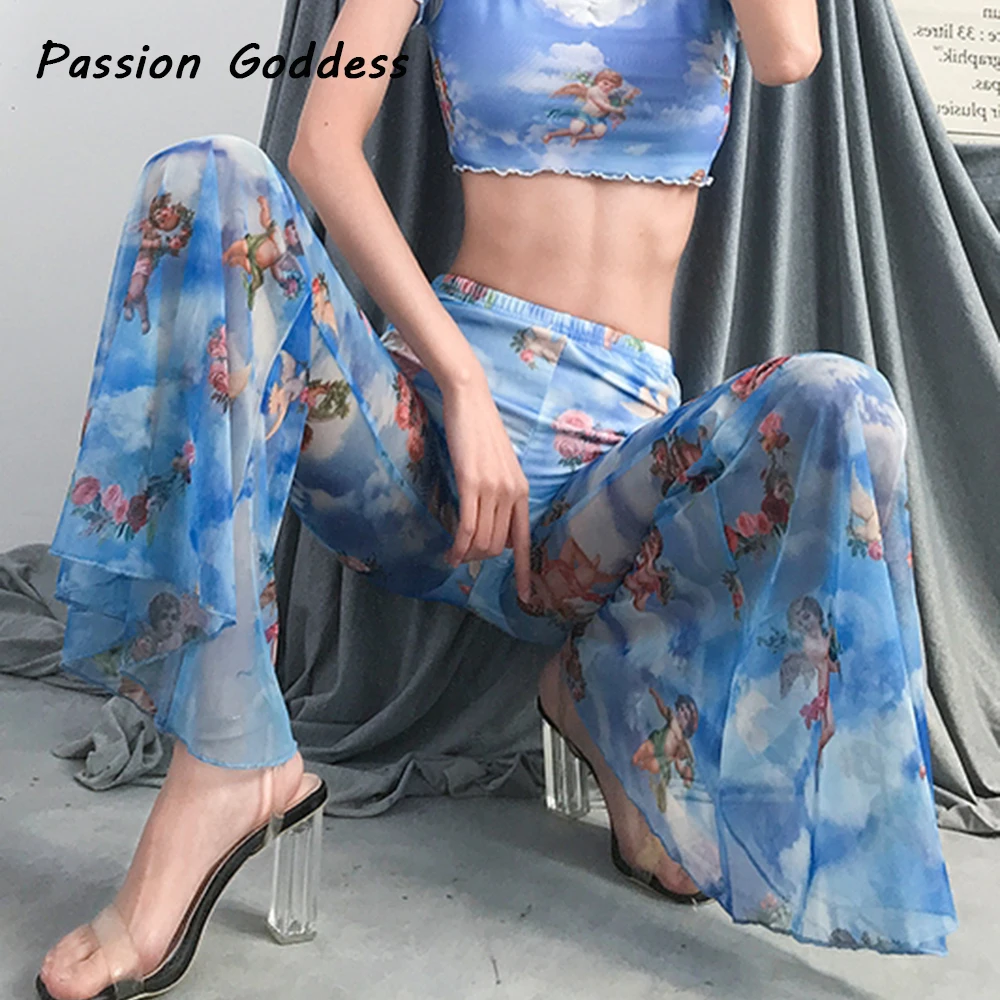 

Sexy Women Angel Pattern High Waist Flare Pants Mesh Trousers Female Casual Wide Leg Dance Pants Stretch Long Perspective Pants