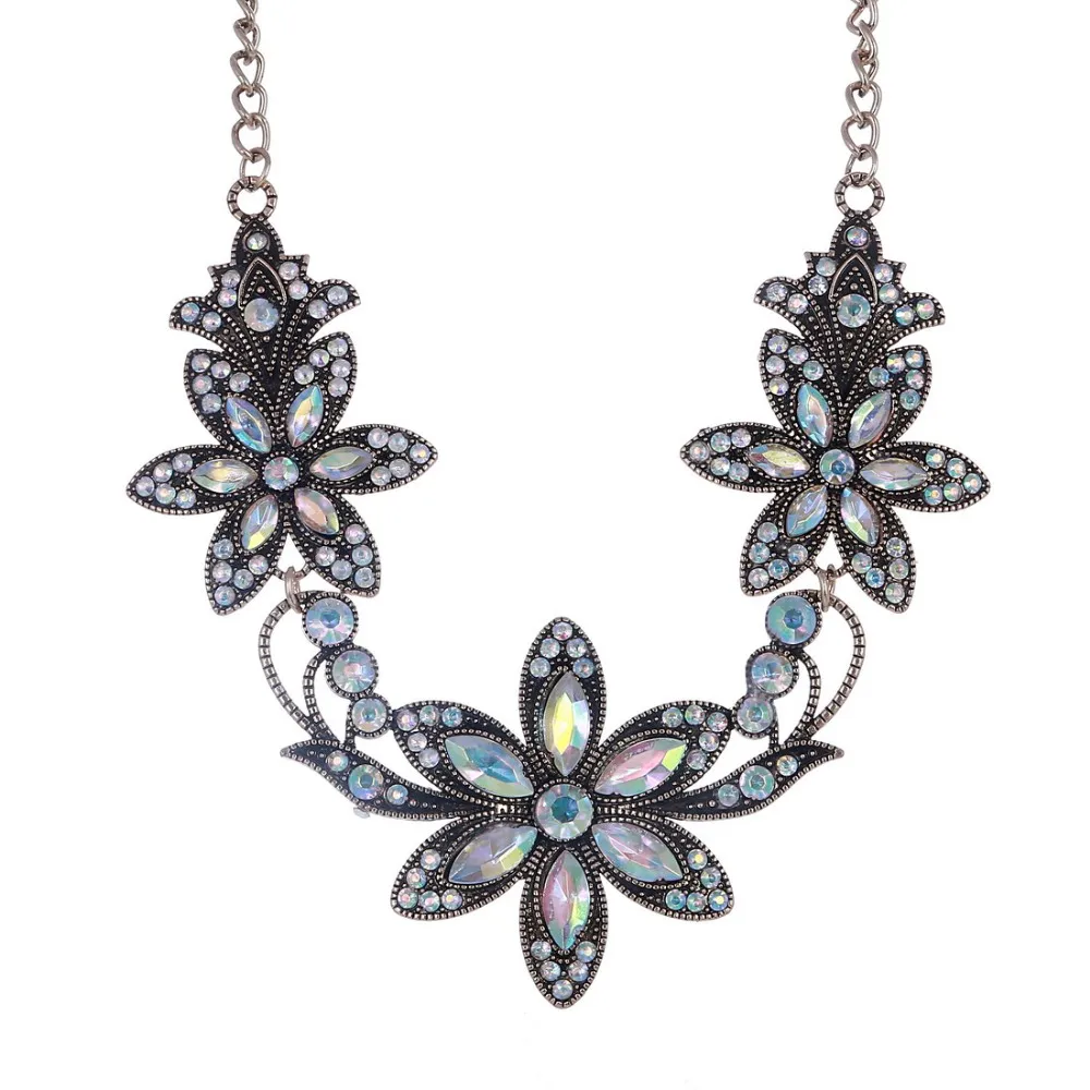 Сверкающий Кристалл Чокеры ожерелье ретро, Антикварная Бронза цепь ожерелье цветы большая Подвеска Ожерелье для женщин