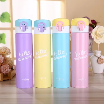 

Bpa free 400ML Insulated slim vacuum Flasks 4 colors hallo pattern kettle thermos cup water bottle with pop-up lid