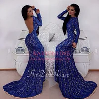 2014 Hot&Sexy High Neck Long Sleeve Blue Lace Prom Dresses Backless Court Train Long Evening Dresses Vestido Baile EV0137