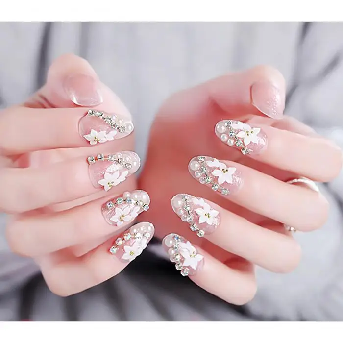 Для женщин Красота цветок акриловые накладные ногти 3D Дизайн полное покрытие ногтей советы с клеем для девочек блестящие стразы мода